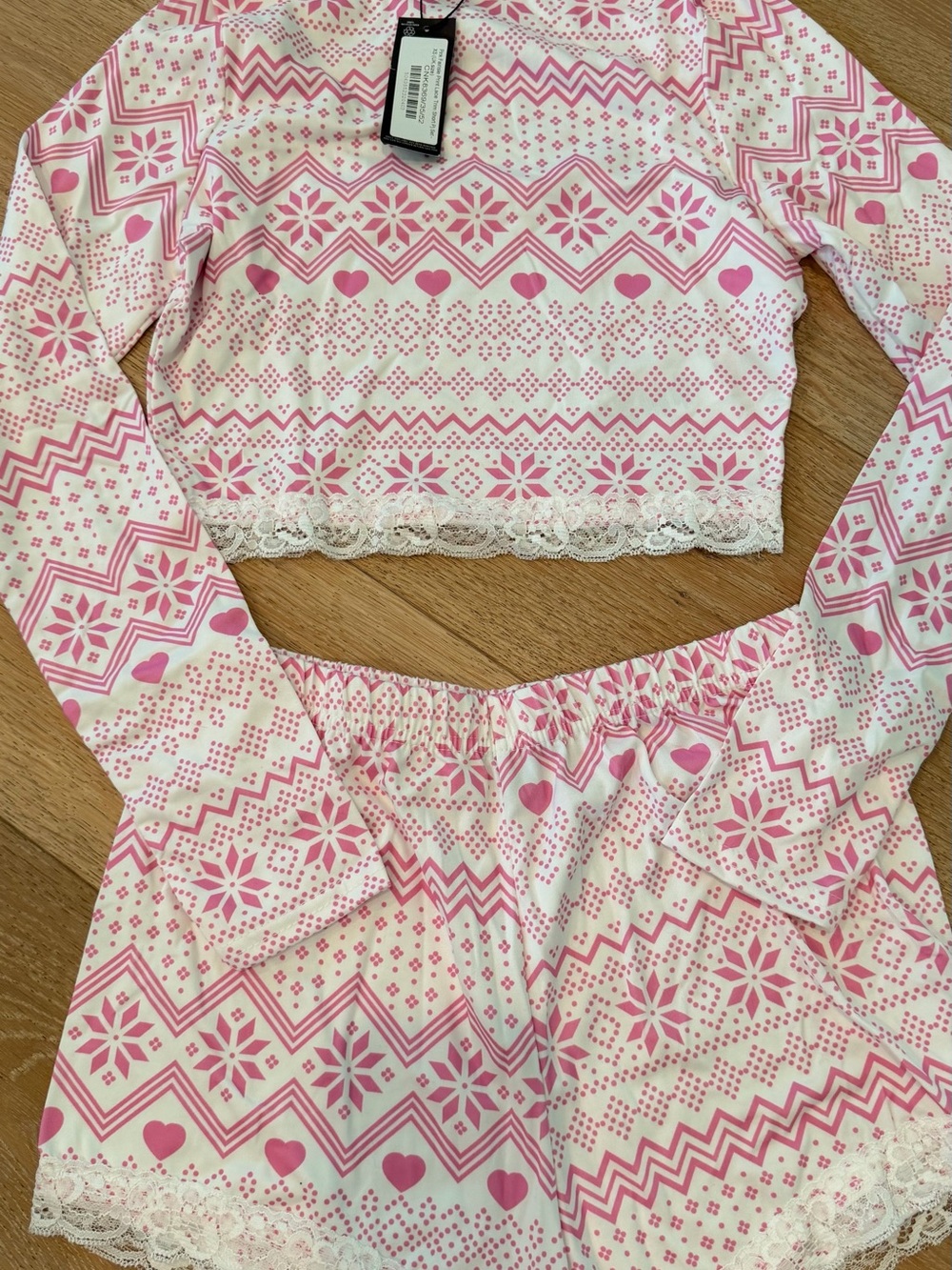 Women Pink Fair Isle Lace-Trim Pajama Set